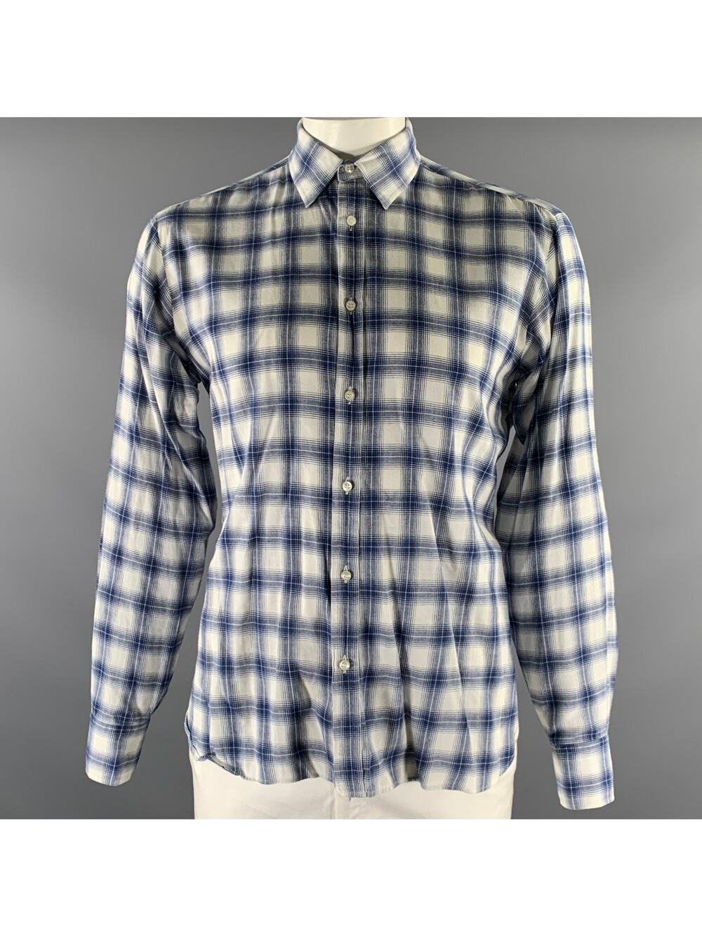 ADAM KIMMEL Size M Blue White Tartan Cotton Pointed Collar Long Sleeve Shirt